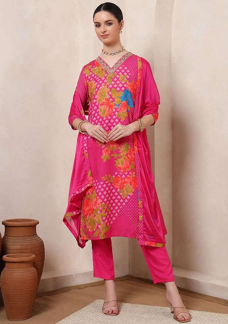 Pink Embroidered Poly Blended Kurta Sets - Indya