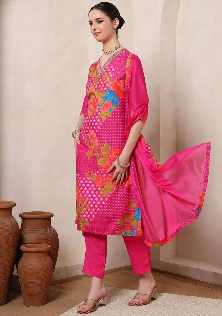 Pink Embroidered Poly Blended Kurta Sets - Indya