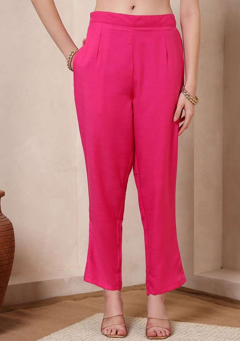 Pink Embroidered Poly Blended Kurta Sets - Indya