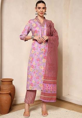 Purple Embroidered Poly Blended Kurta Sets