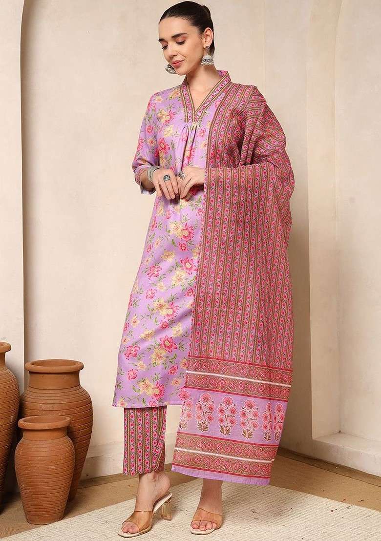 Purple Embroidered Poly Blended Kurta Sets - Indya