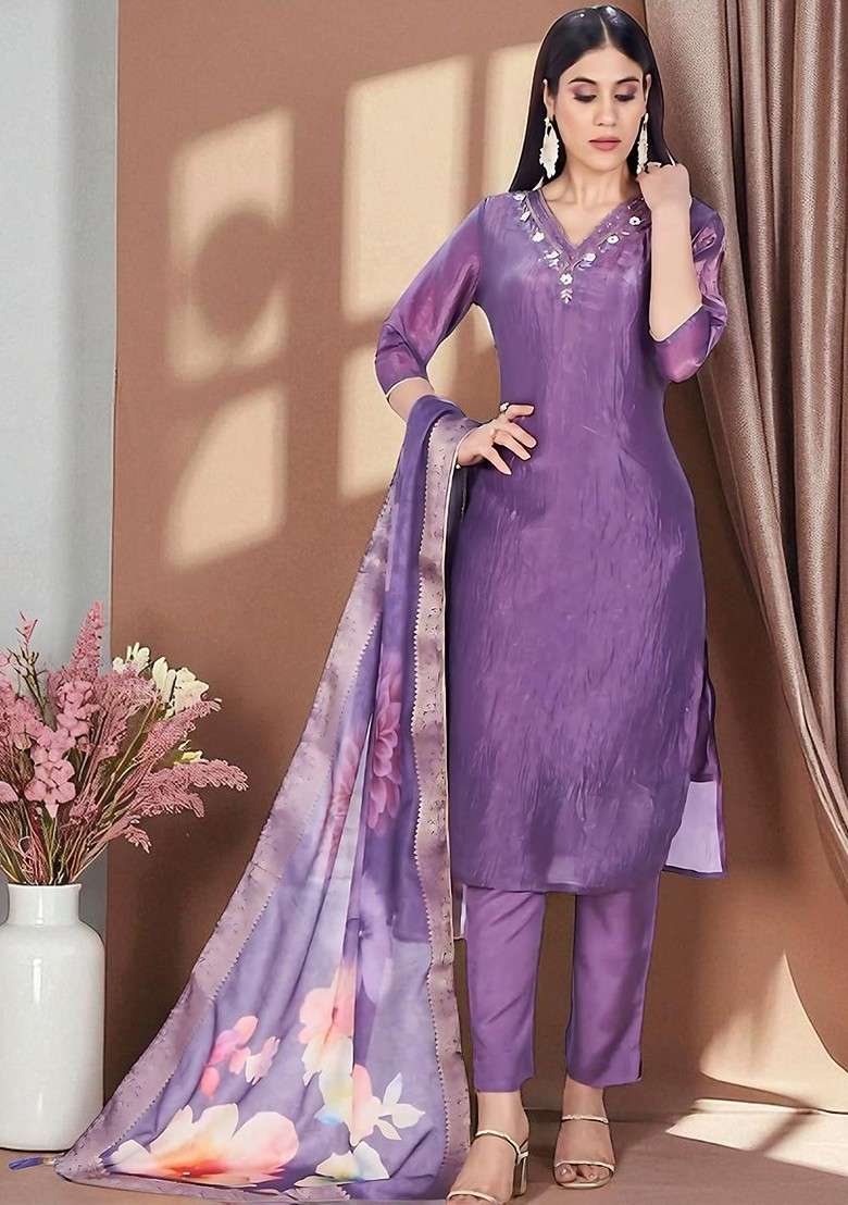 Lavender Embroidered Poly Blended Kurta Sets - Indya