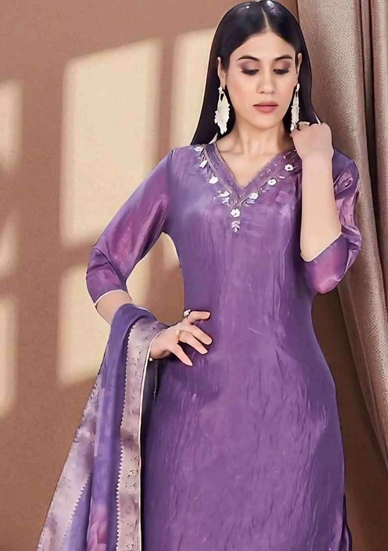 Lavender Embroidered Poly Blended Kurta Sets - Indya