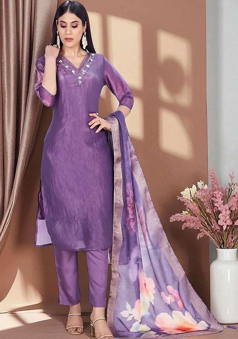 Lavender Embroidered Poly Blended Kurta Sets - Indya