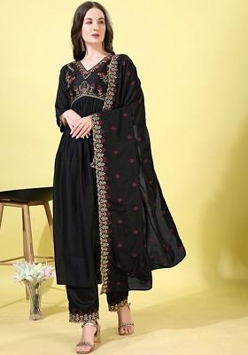 Black Embroidered Poly Blended Kurta Sets