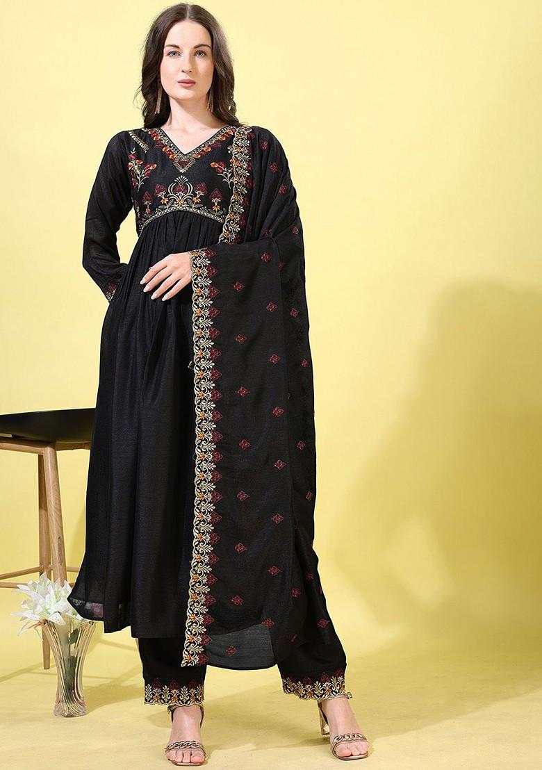 Black Embroidered Poly Blended Kurta Sets - Indya