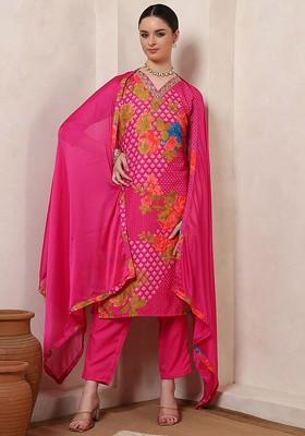 Pink Embroidered Poly Blended Kurta Sets