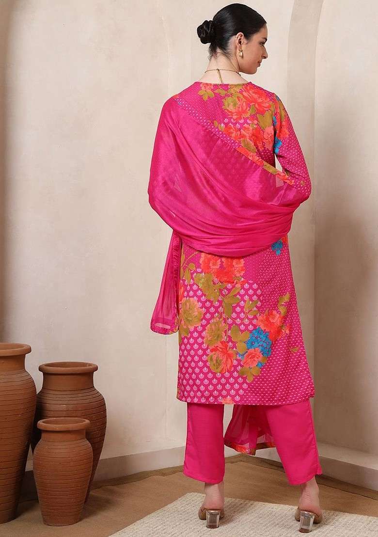 Pink Embroidered Poly Blended Kurta Sets - Indya