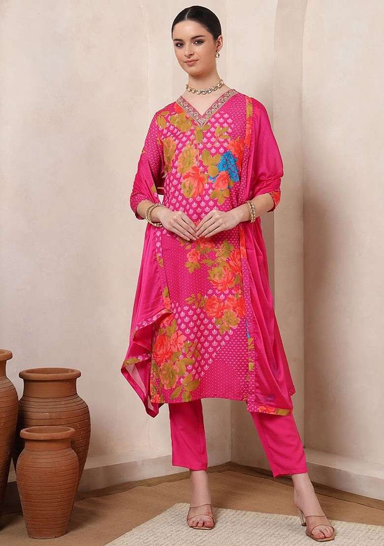 Pink Embroidered Poly Blended Kurta Sets - Indya
