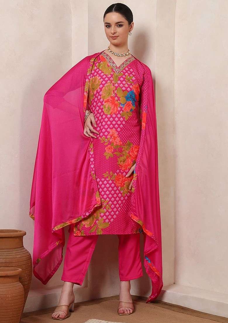 Pink Embroidered Poly Blended Kurta Sets - Indya
