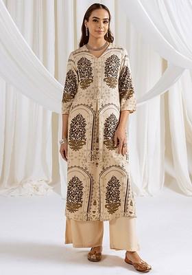 Beige Embroidered Poly Blended Kurta Sets