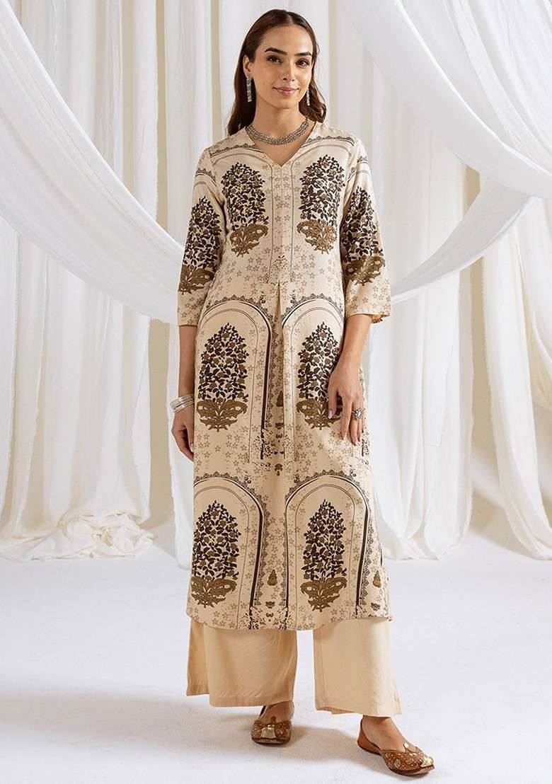 Beige Embroidered Poly Blended Kurta Sets - Indya