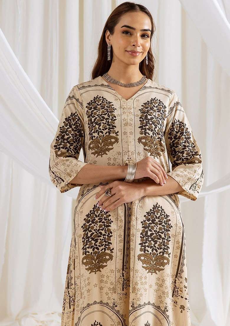Beige Embroidered Poly Blended Kurta Sets - Indya