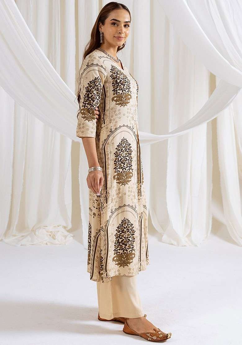 Beige Embroidered Poly Blended Kurta Sets - Indya