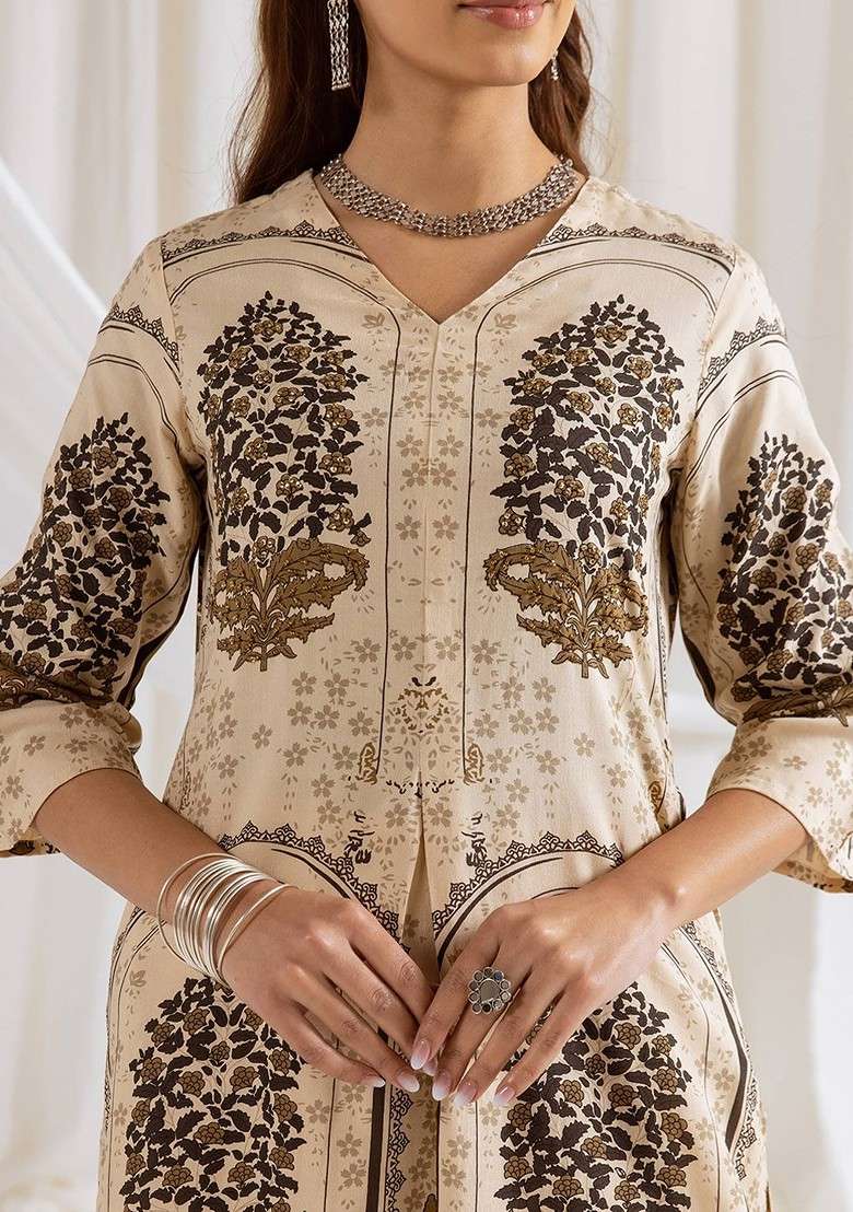 Beige Embroidered Poly Blended Kurta Sets - Indya