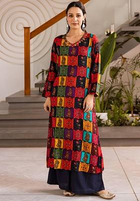 Red Embroidered Poly Blended Kurta Sets