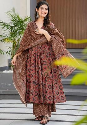 Brown Embroidered Poly Blended Kurta Sets