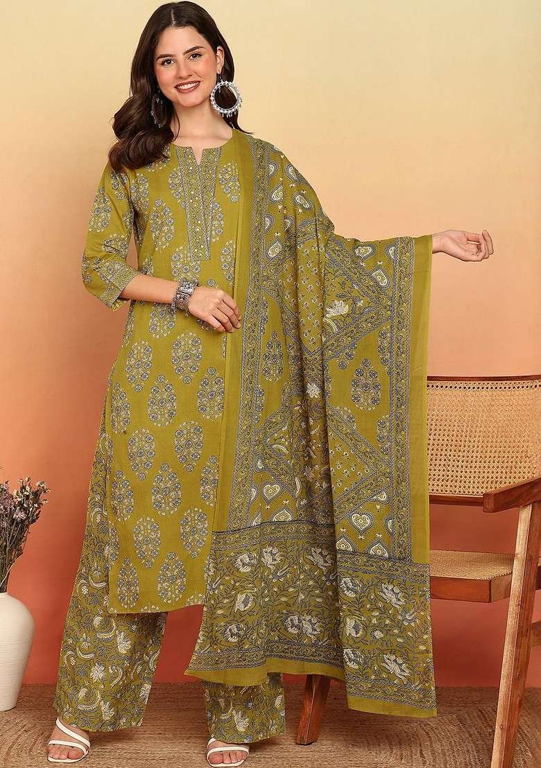 Green Embroidered Poly Blended Kurta Sets - Indya