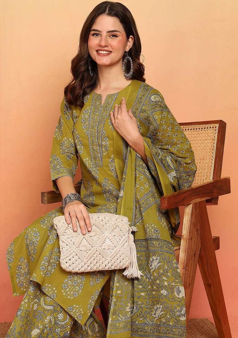 Green Embroidered Poly Blended Kurta Sets - Indya