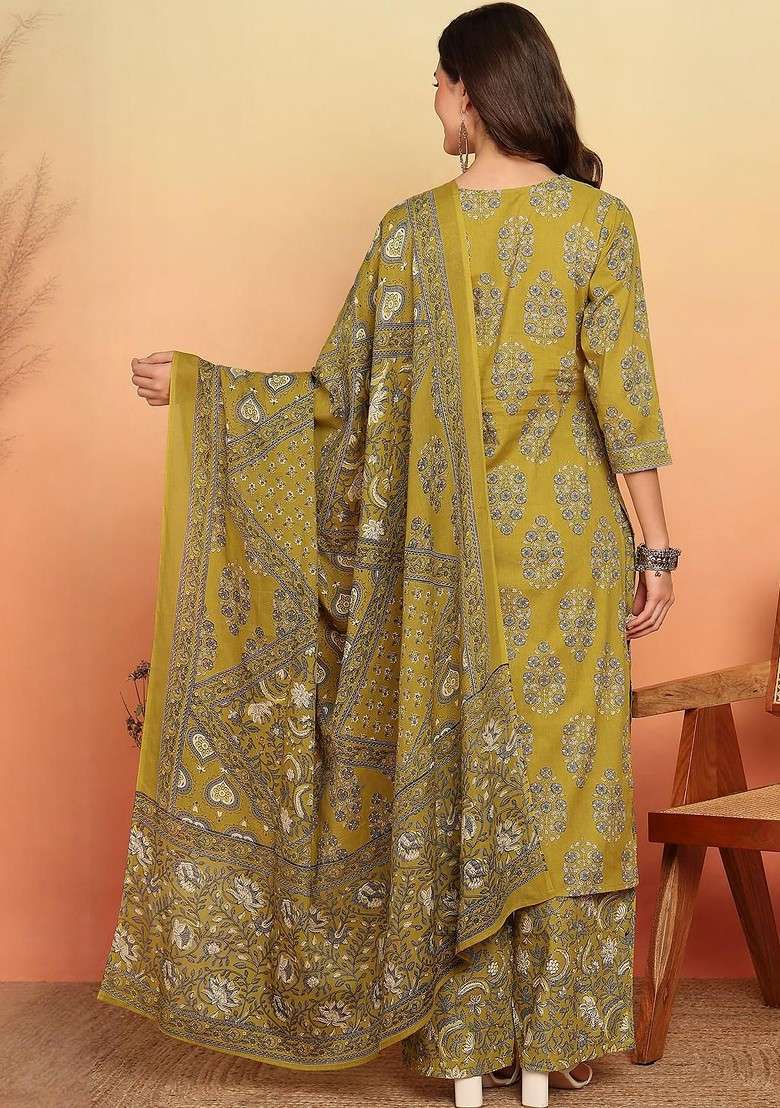 Green Embroidered Poly Blended Kurta Sets - Indya