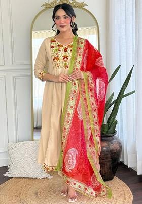 Beige Embroidered Poly Blended Kurta Sets