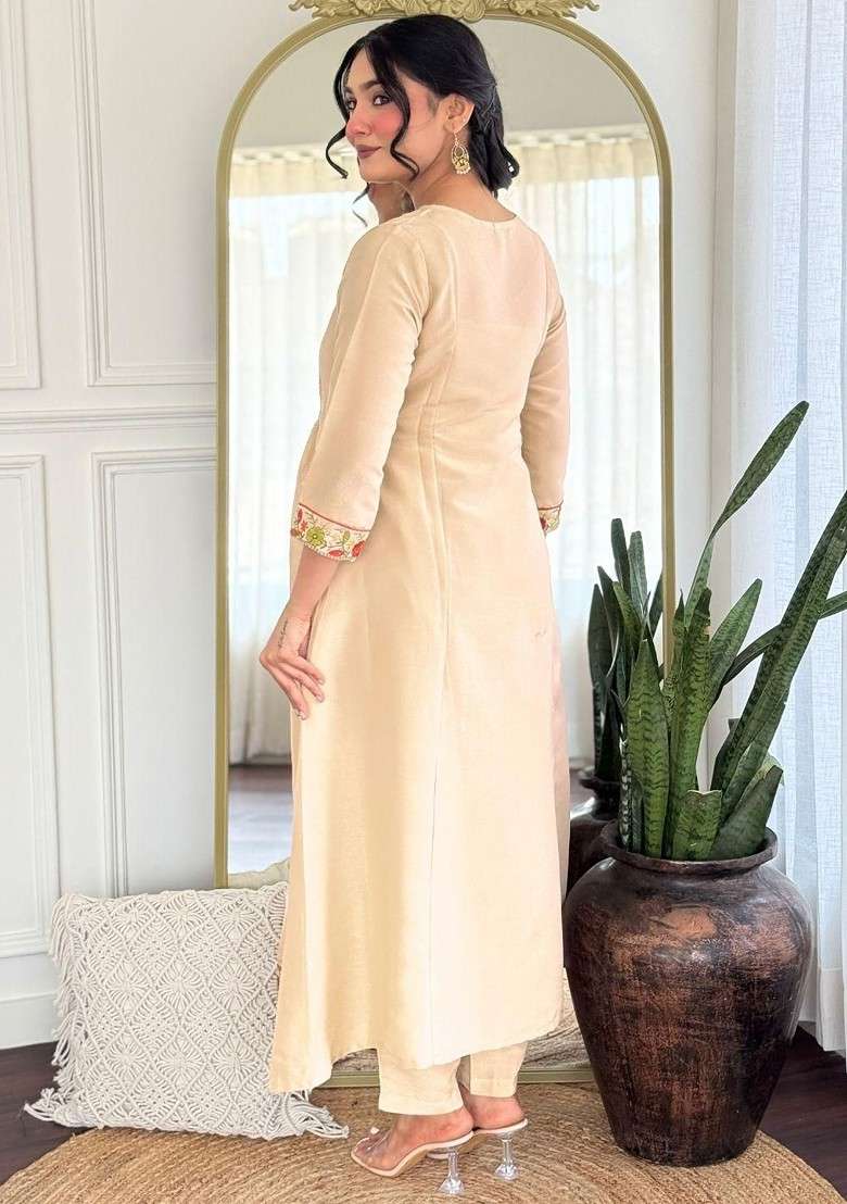 Beige Embroidered Poly Blended Kurta Sets - Indya