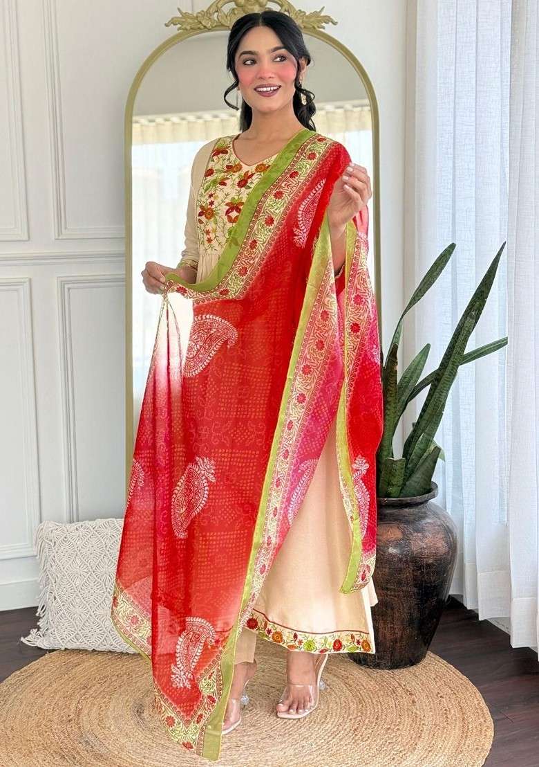 Beige Embroidered Poly Blended Kurta Sets - Indya