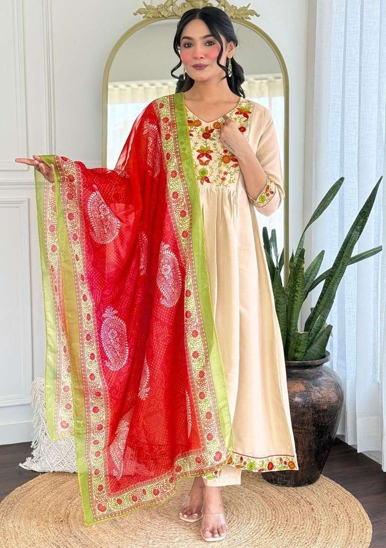 Beige Embroidered Poly Blended Kurta Sets - Indya