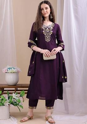 Purple Embroidered Poly Blended Kurta Sets