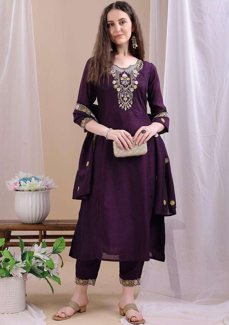 Purple Embroidered Poly Blended Kurta Sets - Indya