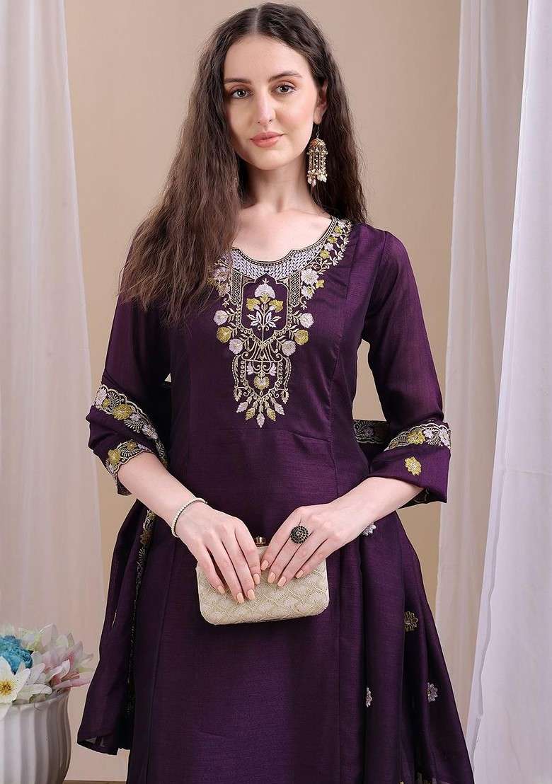 Purple Embroidered Poly Blended Kurta Sets - Indya