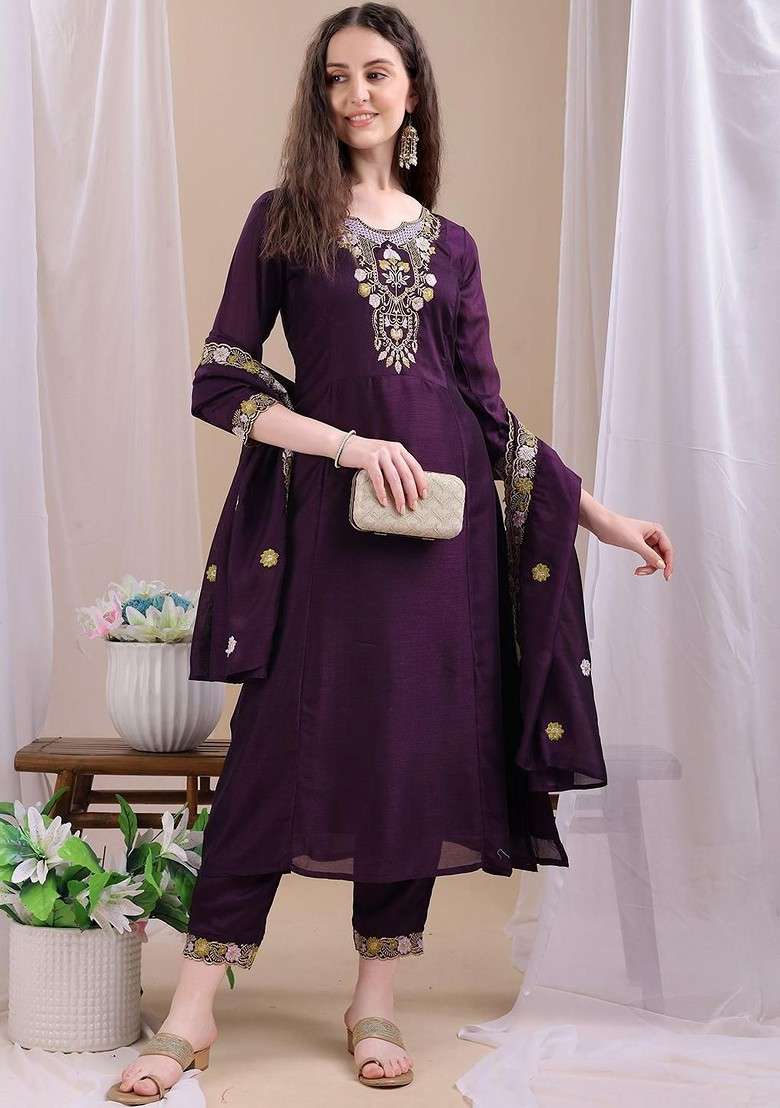 Purple Embroidered Poly Blended Kurta Sets - Indya