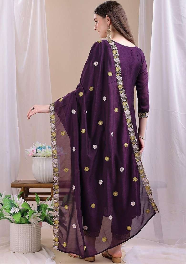Purple Embroidered Poly Blended Kurta Sets - Indya