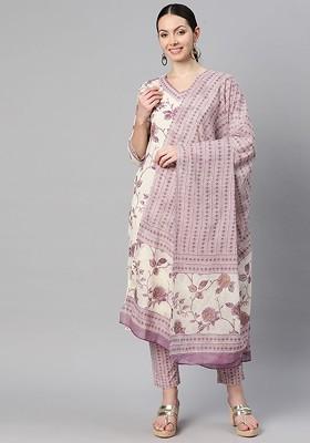 Purple Embroidered Poly Blended Kurta Sets