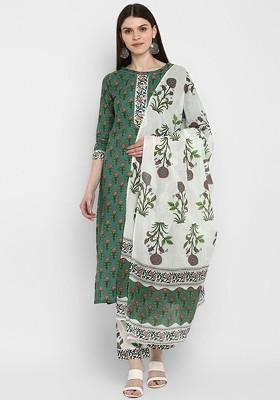 Green Embroidered Poly Blended Kurta Sets