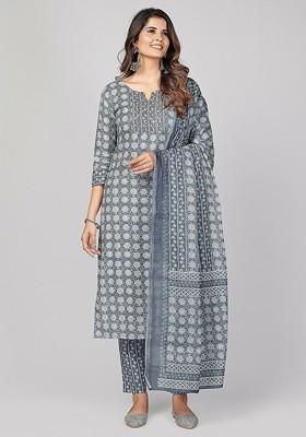 Grey Embroidered Poly Blended Kurta Sets