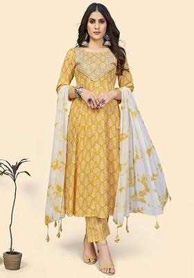 Yellow Embroidered Poly Blended Kurta Sets