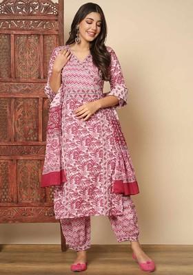 Pink Embroidered Poly Blended Kurta Sets