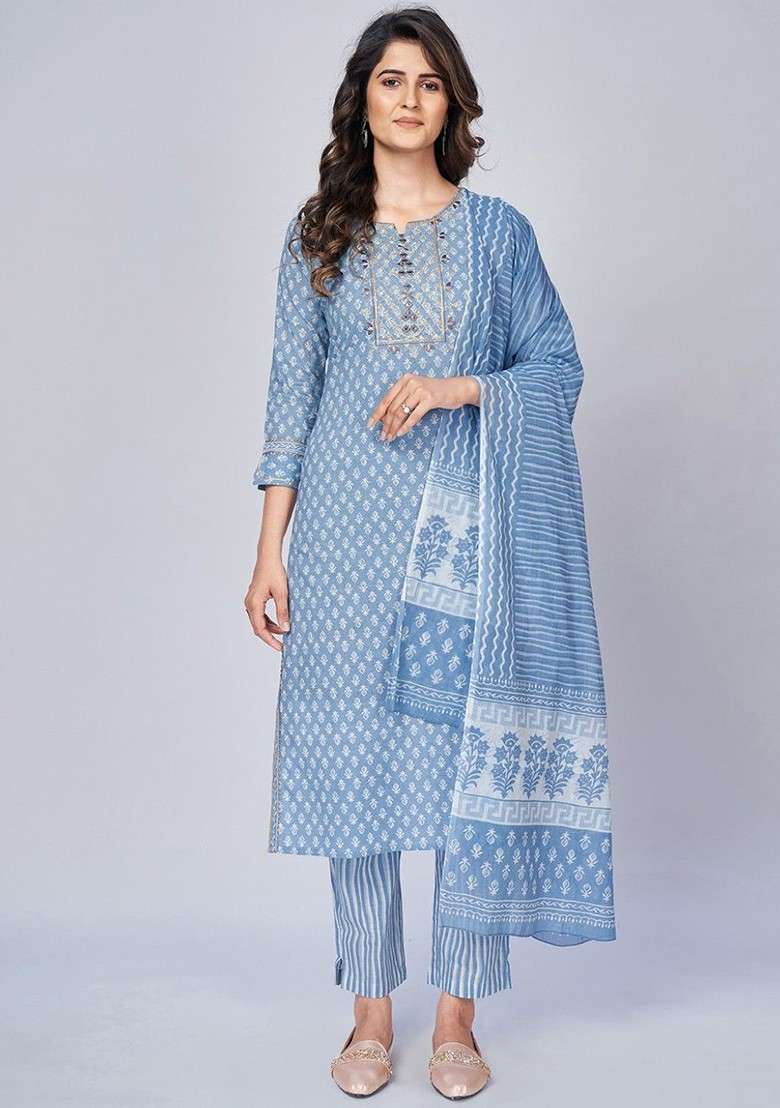 Turquoise Blue Embroidered Poly Blended Kurta Sets - Indya