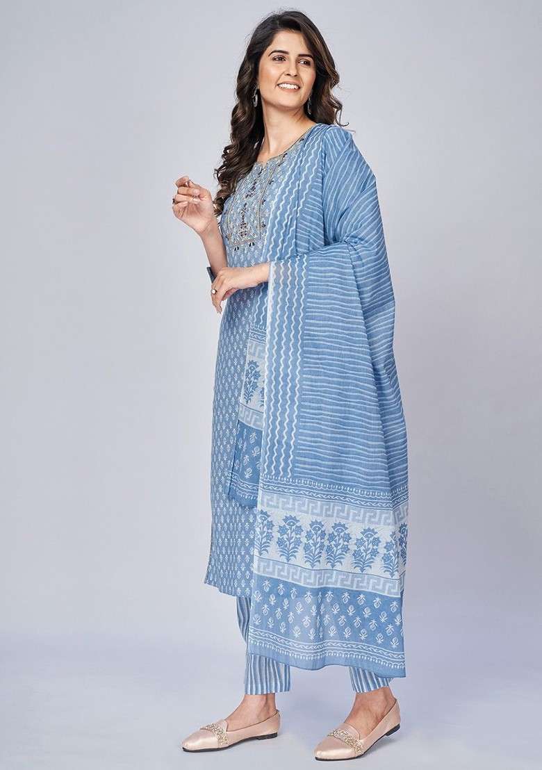 Turquoise Blue Embroidered Poly Blended Kurta Sets - Indya