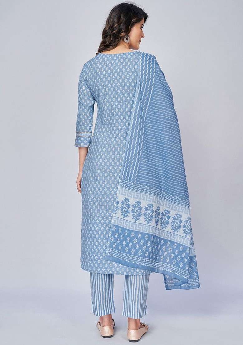 Turquoise Blue Embroidered Poly Blended Kurta Sets - Indya