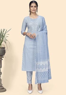 Turquoise Blue Embroidered Poly Blended Kurta Sets