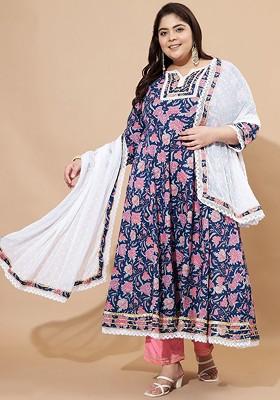 Blue Embroidered Poly Blended Kurta Sets