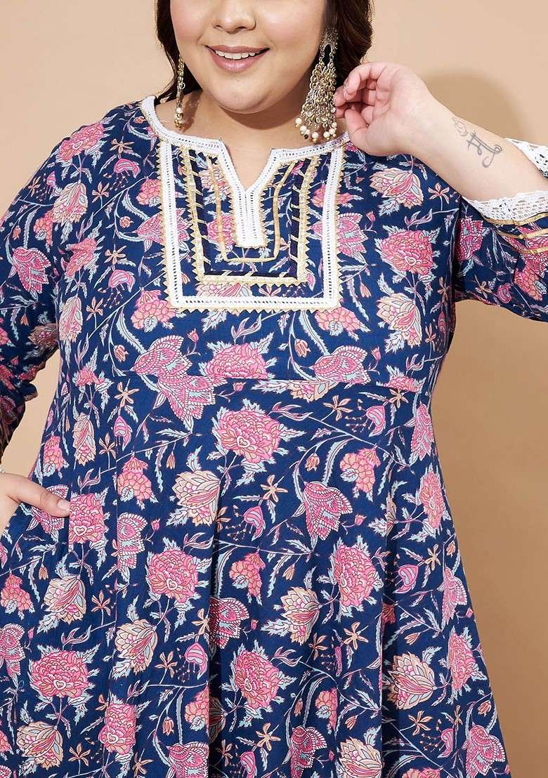Blue Embroidered Poly Blended Kurta Sets - Indya