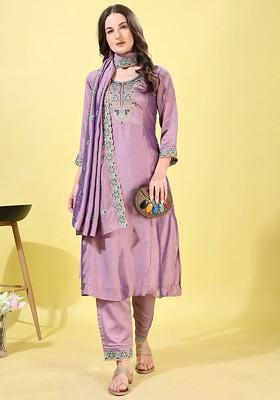 Lavender Embroidered Poly Blended Kurta Sets
