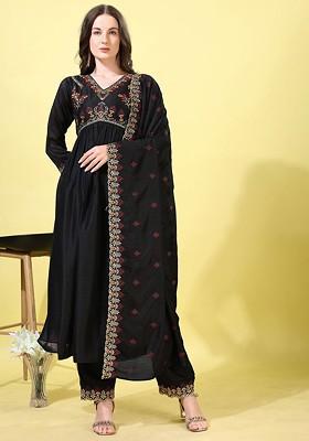 Black Embroidered Poly Blended Kurta Sets