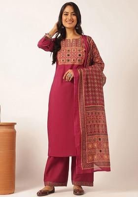 Magenta Embroidered Poly Blended Kurta Sets
