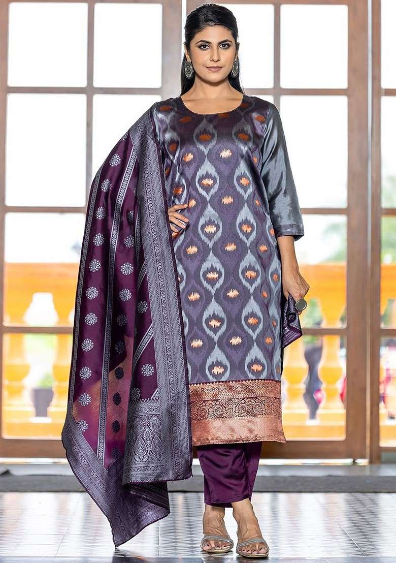 Lavender Embroidered Poly Blended Kurta Sets - Indya