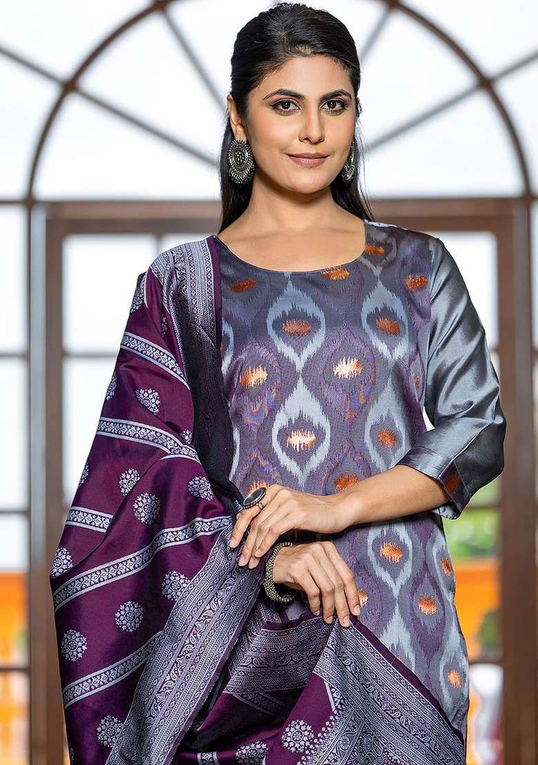 Lavender Embroidered Poly Blended Kurta Sets - Indya