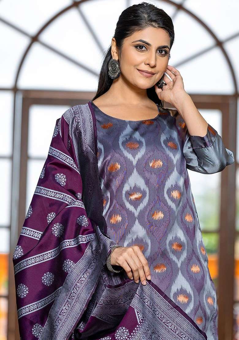 Lavender Embroidered Poly Blended Kurta Sets - Indya